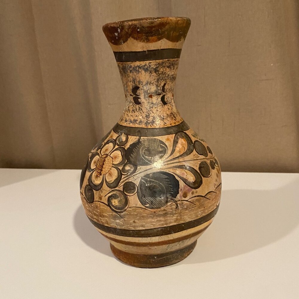 Vintage Tonala Mexican Pottery Vase‎ - Hand-Painted Birds & Burn Scar, 8.5"x6"